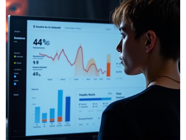 Actor revisando un dashboard digital que muestra su progreso en habilidades de actuación con gráficos y notas.