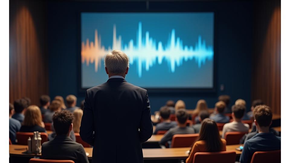Actor de doblaje reconocido dando una charla a estudiantes en un aula, con un proyector mostrando un gráfico de onda de audio.