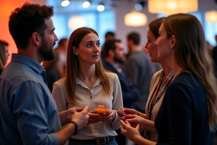Grupo de estudiantes y profesionales del doblaje interactuando en un evento de networking, con tarjetas de visita en la mano y bebidas.