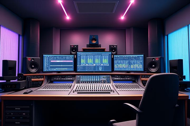 Sala de control de estudio de grabación con mesa de mezclas, monitores y pantallas mostrando pistas de audio.
