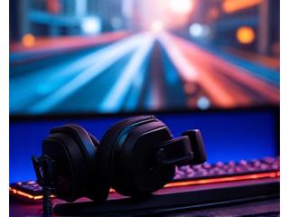 Auriculares de gamer y micrófono sobre un teclado retroiluminado, cerca de una pantalla con un juego.