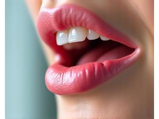 Boca abierta de cerca, mostrando la lengua y los labios en un ejercicio de articulación.