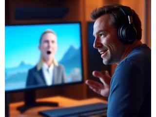 Actor de doblaje con auriculares gesticulando con la mano mientras interpreta un personaje animado en un mural.