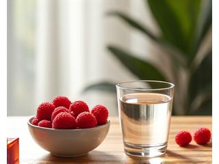 Vaso de agua, pastillas para la garganta y una manzana sobre una mesa, simbolizando el cuidado de la salud vocal.