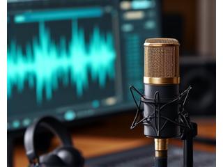 Micrófono de condensador profesional en un soporte frente a auriculares, con una pantalla borrosa de un programa de edición de audio de fondo.