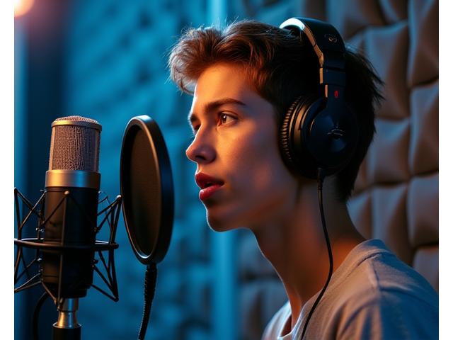 Estudiante en cabina de grabación profesional realizando doblaje con micrófono de estudio y auriculares.