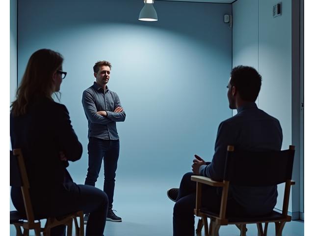 Directora de casting dando indicaciones a un actor en una sala de audiciones