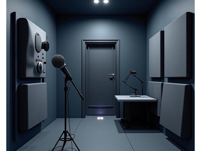 Cabina de doblaje insonorizada con micrófono de estudio y monitor