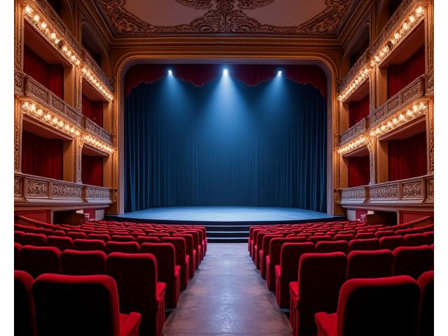Pequeño teatro con butacas rojas, escenario iluminado y telón