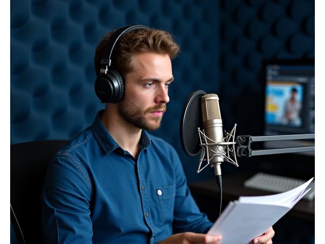 Persona en un estudio de grabación con micrófono y auriculares, concentrada