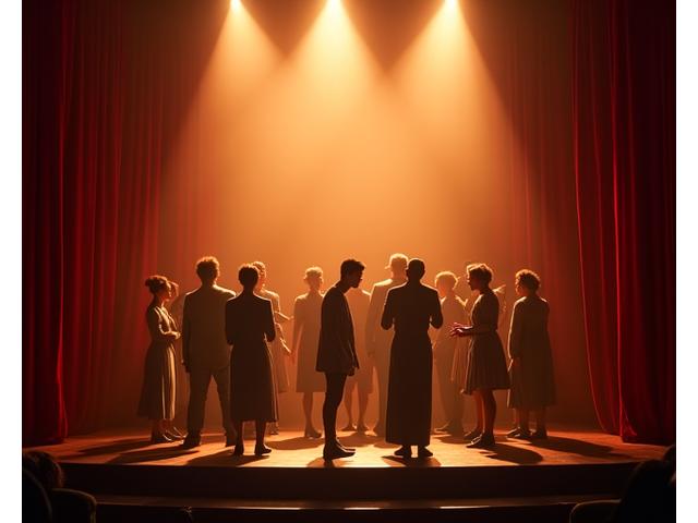 Actores ensayando en un escenario con luces de teatro