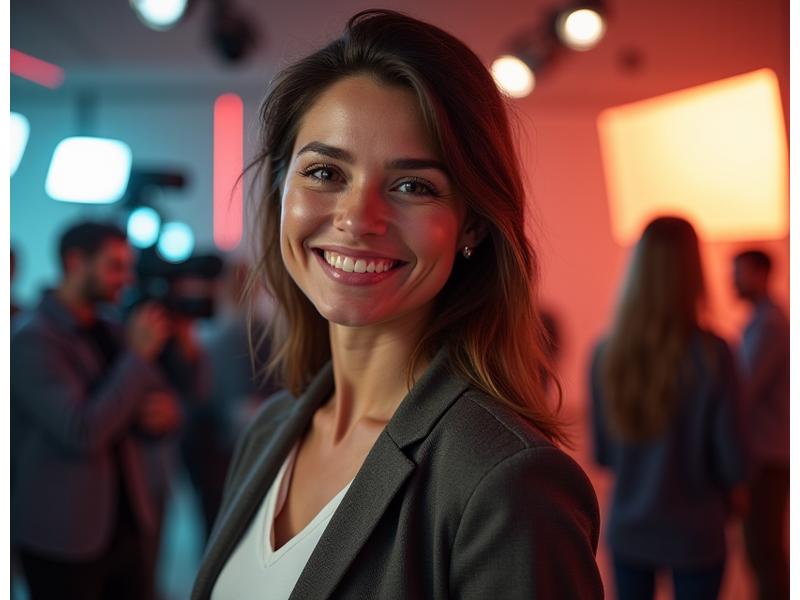 Luna García en el set de una serie de televisión, sonriendo.