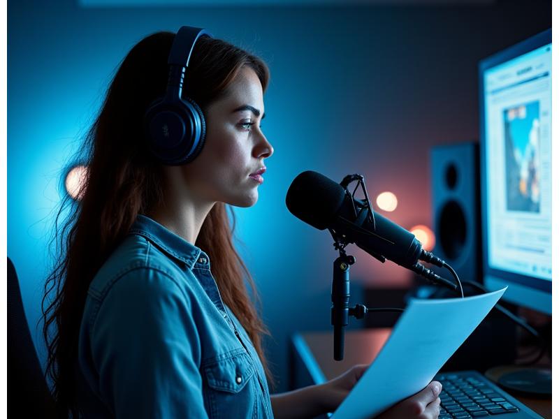 Sofía Martínez en un estudio de doblaje, con auriculares y un guion en mano