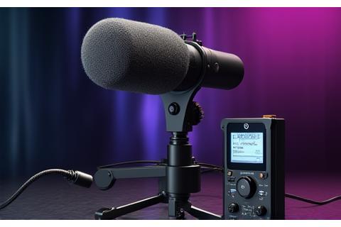 Micrófono de boom con pantalla anti-viento, mezclador de audio profesional y auriculares en un set de filmación.