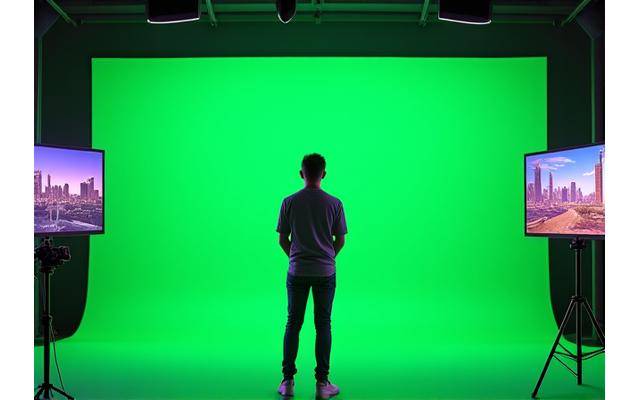 Actor actuando frente a una gran pantalla verde, con software de producción virtual en una pantalla cercana.