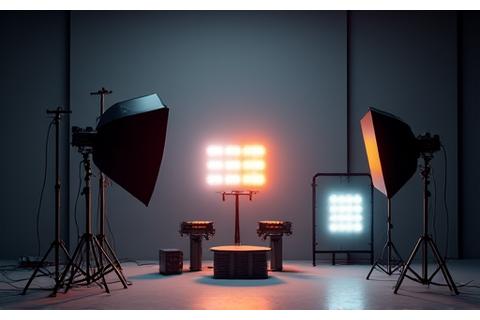 Equipo de iluminación profesional de cine configurado en un set, con luces, difusores y soportes.