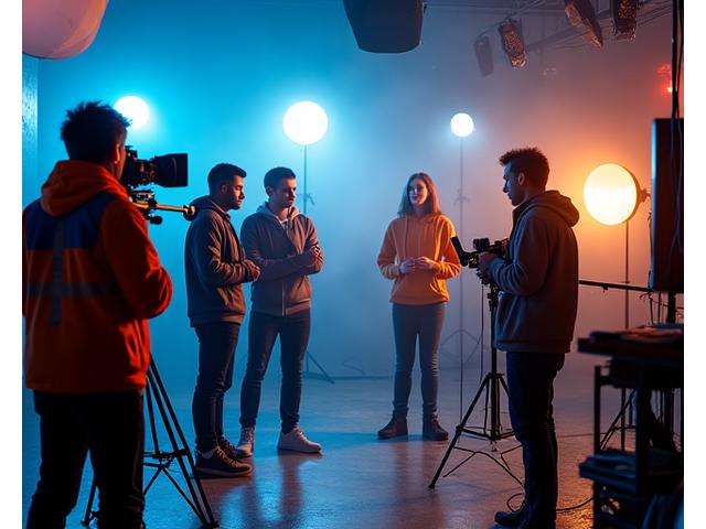 Estudiantes recreando un set de filmación profesional con cámaras, luces y un equipo completo, cada uno en su rol.