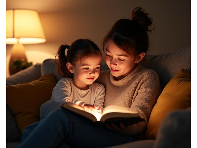 Niña y padre leyendo un guion divertido en casa, con un ambiente cálido y acogedor.