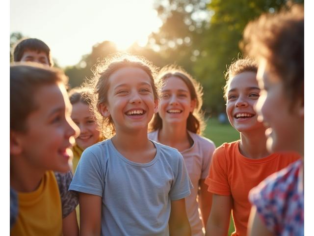 Grupo de niños y jóvenes riendo y participando en un campamento de verano teatral al aire libre, con sol.