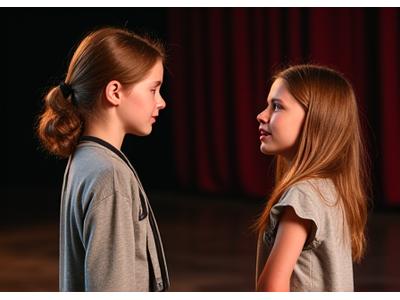 Dos adolescentes en el escenario, en plena interacción durante una escena de teatro.