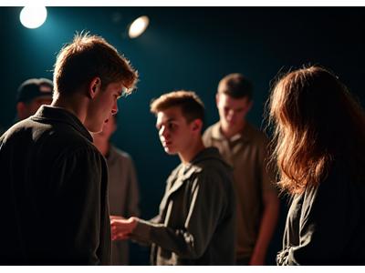Grupo de adolescentes realizando un ejercicio de ensayo intenso en un estudio teatral de aspecto profesional.