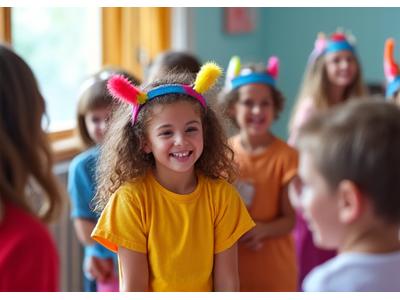 Niños pequeños participando en un juego de rol imaginativo con disfraces, riendo.