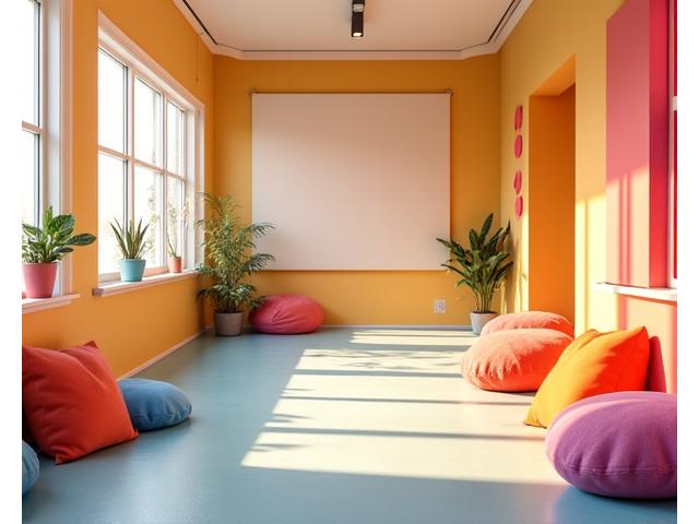 Espacio de estudio teatral limpio y bien iluminado, con señalización clara de normas de convivencia.