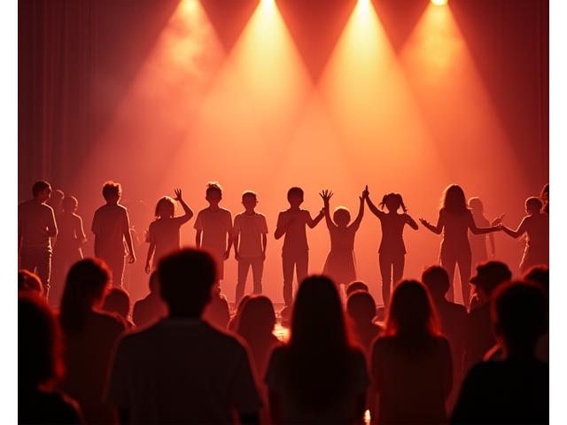 Niños en un escenario brillando bajo los focos durante una gala con padres aplaudiendo.