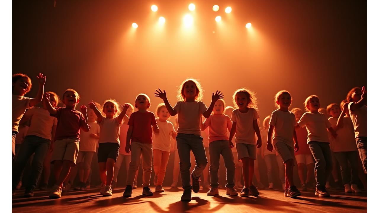 Niños actuando en el escenario con alegría y confianza, fomentando la creatividad.