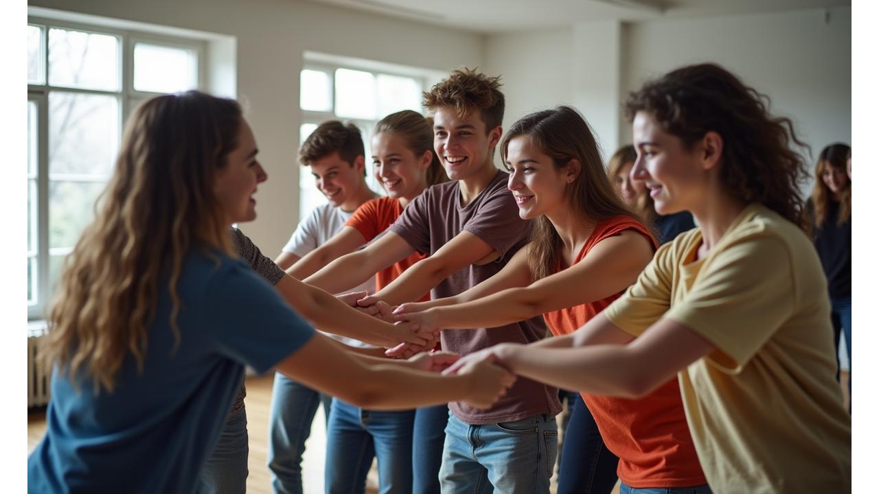 Grupo de jóvenes colaborando en un ejercicio teatral, desarrollando trabajo en equipo.