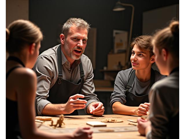 Chef de teatro explicándole a un grupo de jóvenes como armar una marioneta, en una clase intensiva.