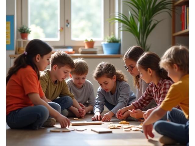 Niños trabajando en un ejercicio de grupo, con un profesor guiándolos con paciencia y apoyo.