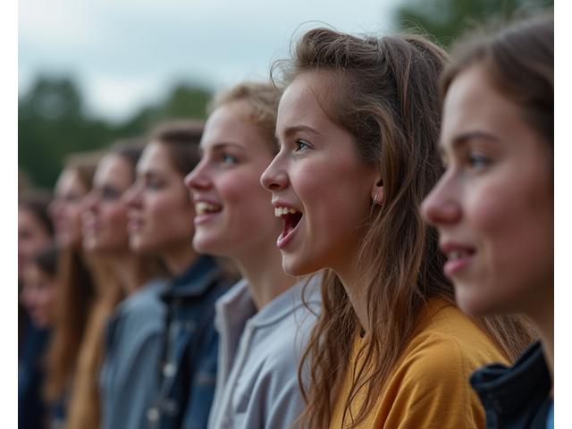 Grupo de adolescentes realizando una actuación en un festival al aire libre, con público atento.