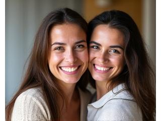 Madre abrazando a su hija adolescente, ambas sonriendo.