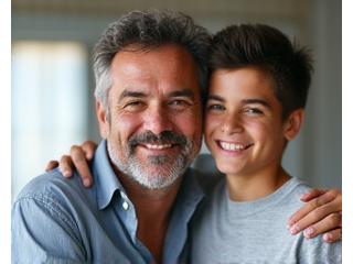 Padre sonriente con su hijo adolescente, mostrando complicidad.