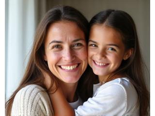 Madre sonriente con su hija pequeña, expresando orgullo.