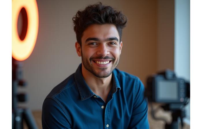 Actor grabando un self-tape profesional con equipo de iluminación, enfocado y confiado.