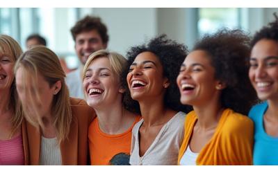 Grupo de personas de diferentes orígenes riendo juntas en un taller de comedia intercultural.