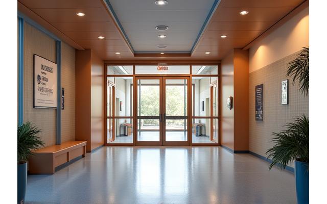 Entrada moderna y accesible a un edificio escolar, con rampas y puertas anchas, bien iluminada para personas mayores.