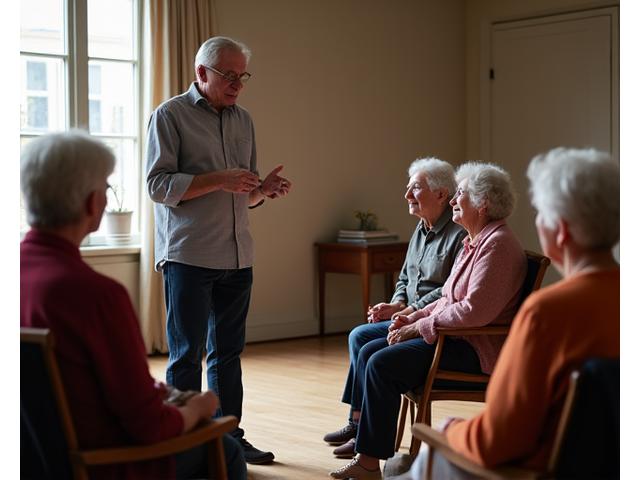 Profesor de teatro con un grupo de adultos mayores, realizando ejercicios de respiración y vocalización adaptados, en un ambiente de apoyo y compañerismo.