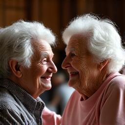 Dos adultos mayores sonriendo y apoyándose mutuamente en un teatro, mostrando la conexión de un sistema de compañeros.