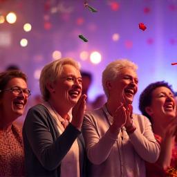 Grupo de adultos mayores aplaudiendo y celebrando juntos en un escenario pequeño, con confeti y un ambiente festivo.