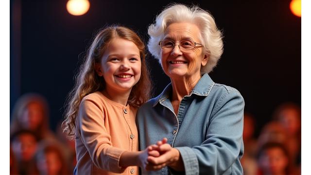 Abuelos y nietos sonriendo juntos en un escenario, posando después de una pequeña actuación familiar de teatro. Muy alegre y conectivo.