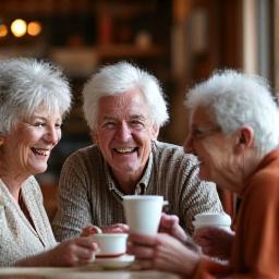 Grupo de adultos mayores riendo y conversando animadamente en una cafetería, simbolizando la socialización fuera de clase.