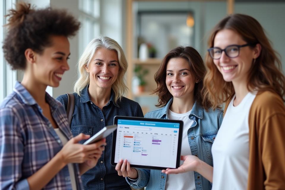 Grupo diverso de adultos con sonrisas y expresión de alivio, cada uno sosteniendo un calendario o agenda, simbolizando la facilidad de compaginar sus vidas con clases de actuación.