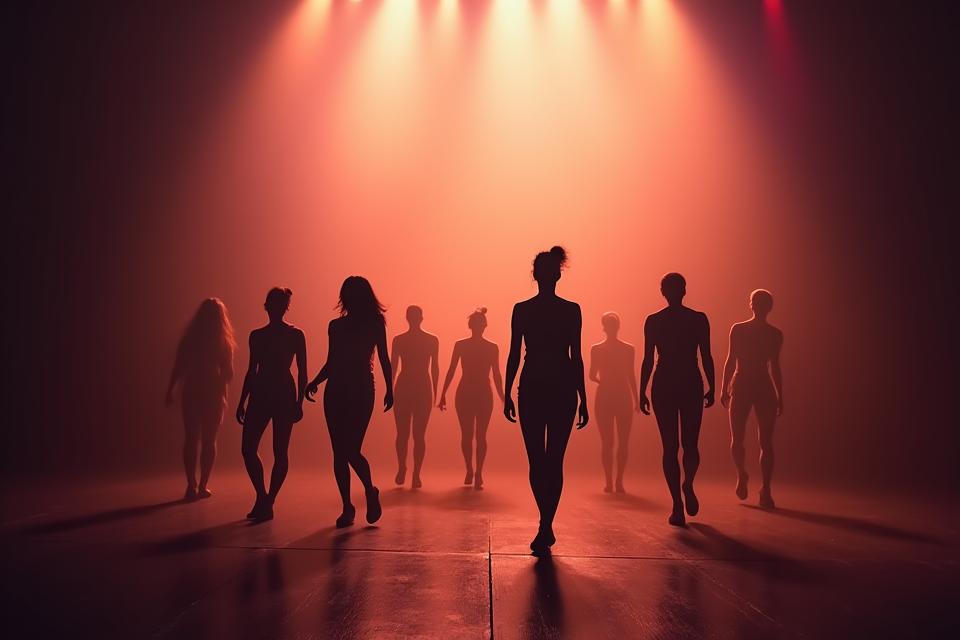 Siluetas de adultos bailando y expresándose libremente en un escenario con luces artísticas, simbolizando la liberación y el crecimiento personal a través del arte dramático.