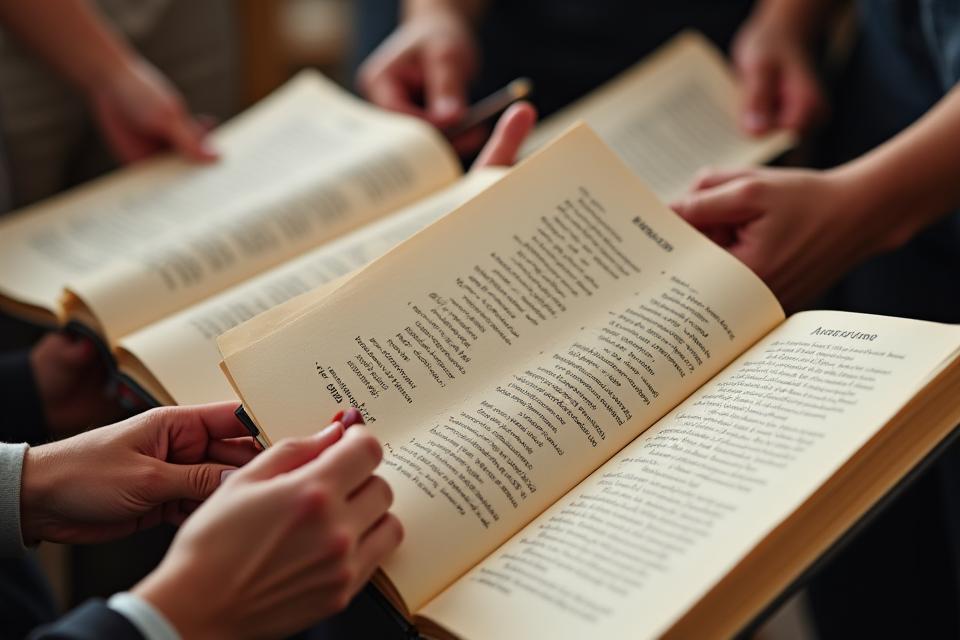 Manos de varios actores adultos sosteniendo y estudiando un guion teatral, con anotaciones visibles, en un ambiente colaborativo y enfocado.