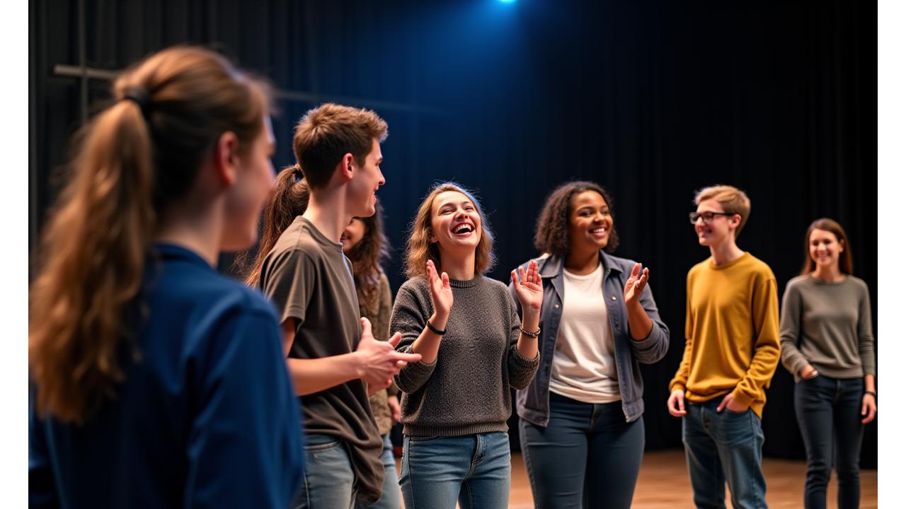 Grupo diverso de alumnos de interpretación interactuando felizmente en un estudio de teatro, con una iluminación suave y cálida que resalta su creatividad y camaradería.