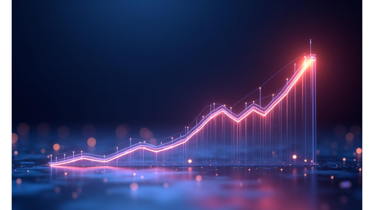 Gráfico abstracto mostrando el crecimiento y las métricas de éxito en una pantalla digital con un telón de fondo escénico.