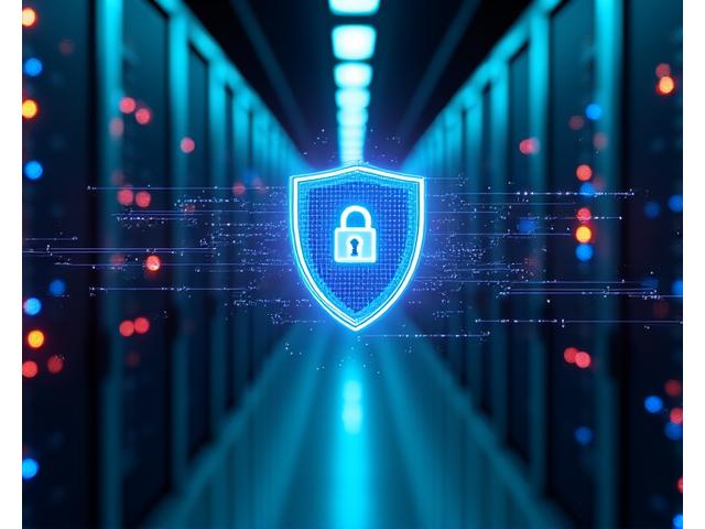 Servidores protegidos y firewall con un escudo de seguridad flotando sobre ellos